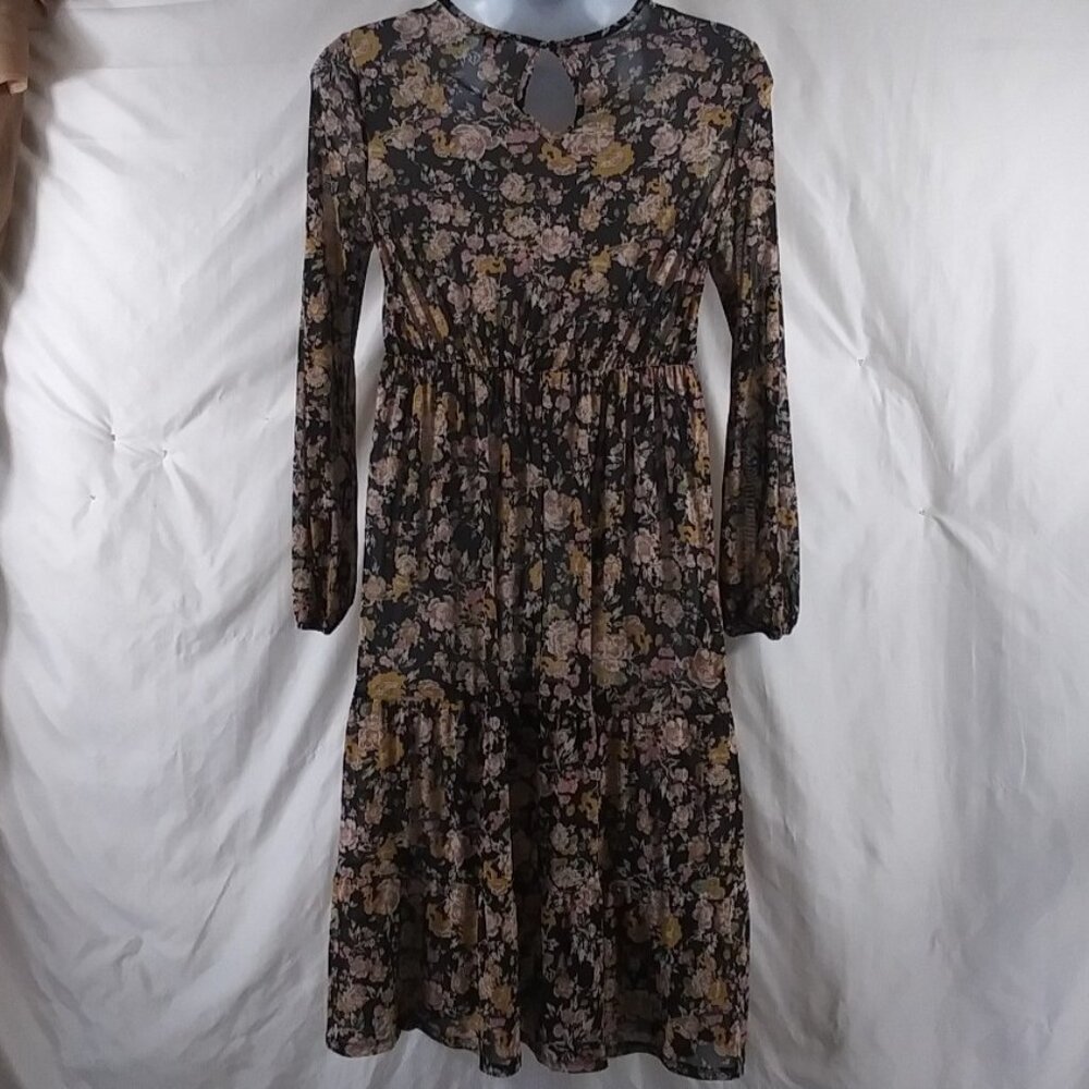 Wild Fable Women's Green Floral Long Sleeve Keyhole Cinched Sheer Dress Size L - Picture 3 of 10